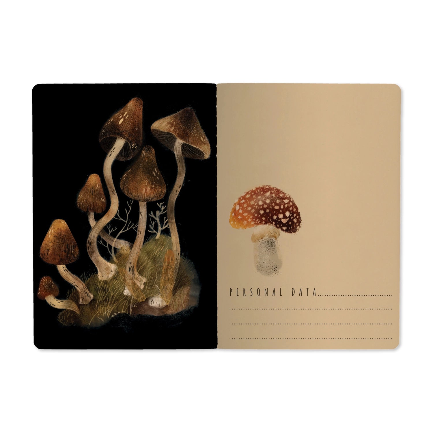 Notebook with mushroom illustration on black side and beige side with 'Personal Data' text