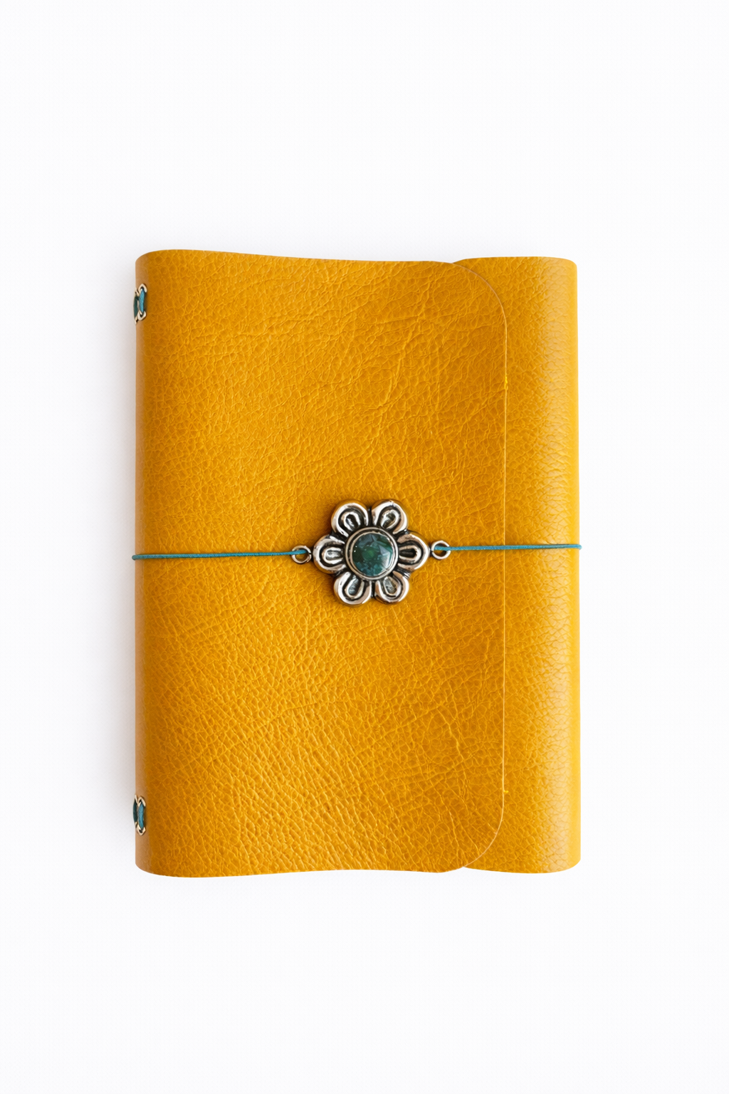 Golden Hour Bloom Ritual A5 Journal - yellow chrome tan pebbled textured leather journal with turquoise cording and a Chrysocolla flower pendant, handcrafted, Tibetan silver front charm.