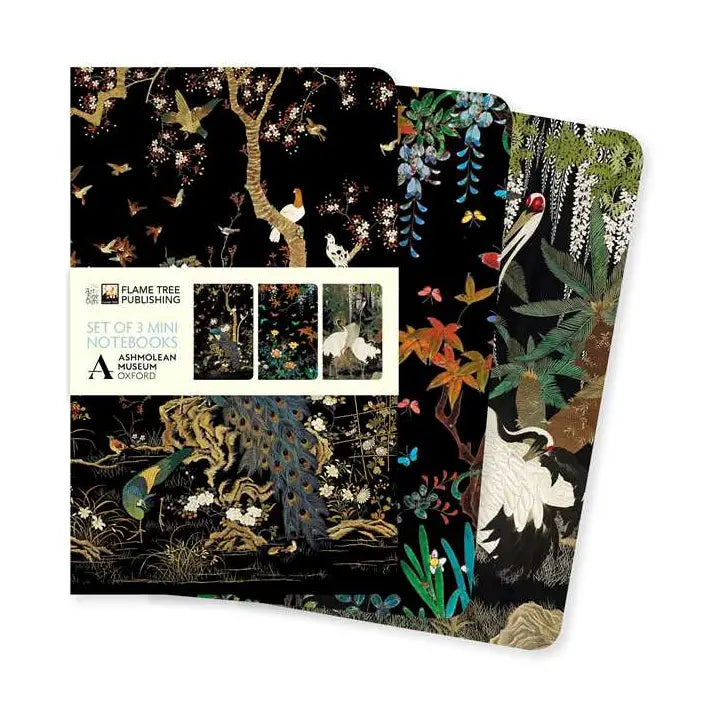 Set of three notebooks with decorative covers featuring animals and nature, published by Flame Tree Publishing.