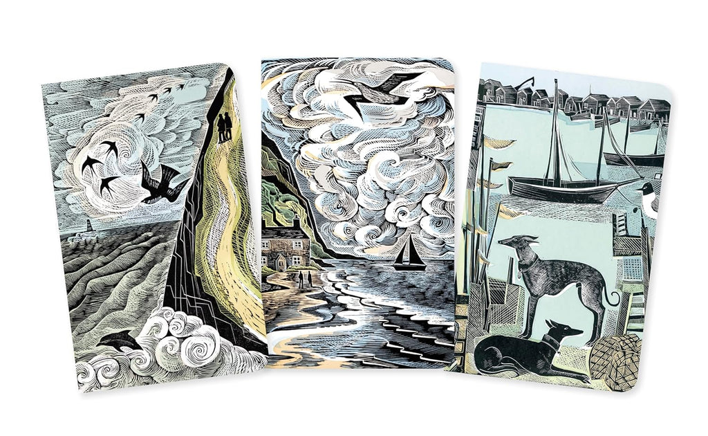 Three artistic panels with various scenes including birds, landscapes, and animals.