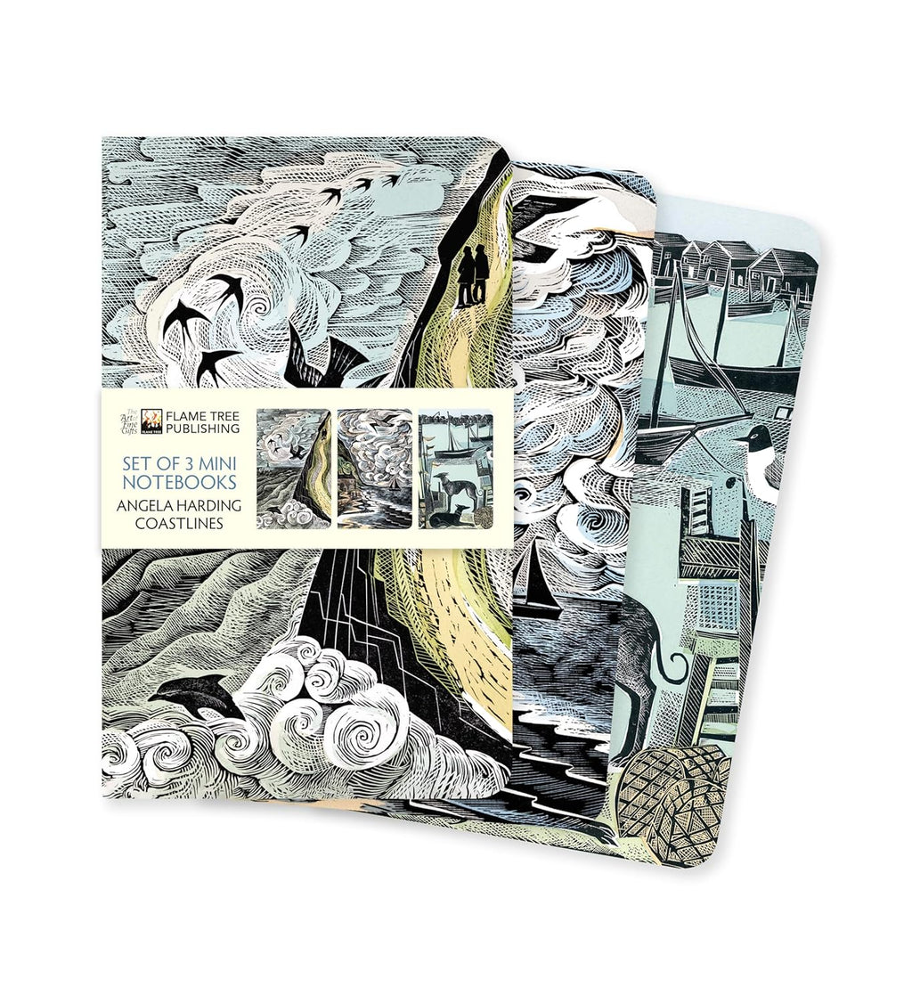 Set of 3 mini notebooks with artistic cover designs on a white background