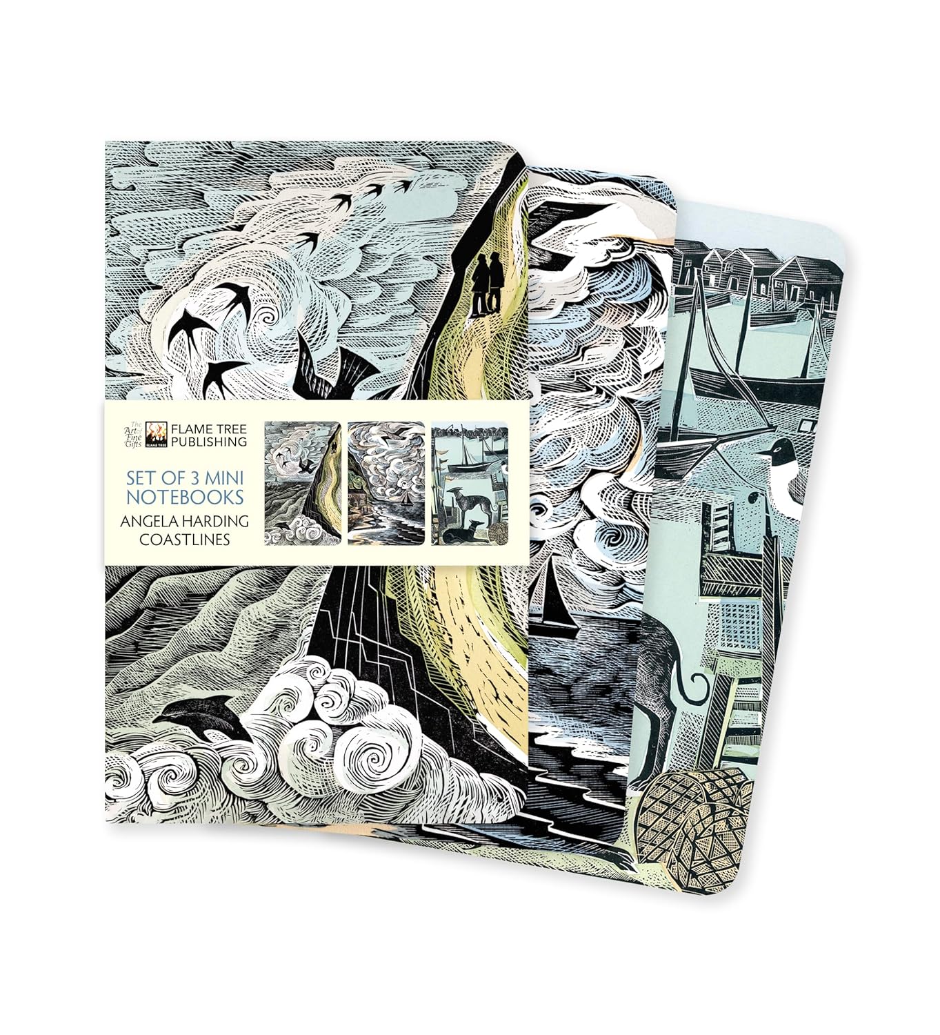 Set of 3 mini notebooks with artistic cover designs on a white background