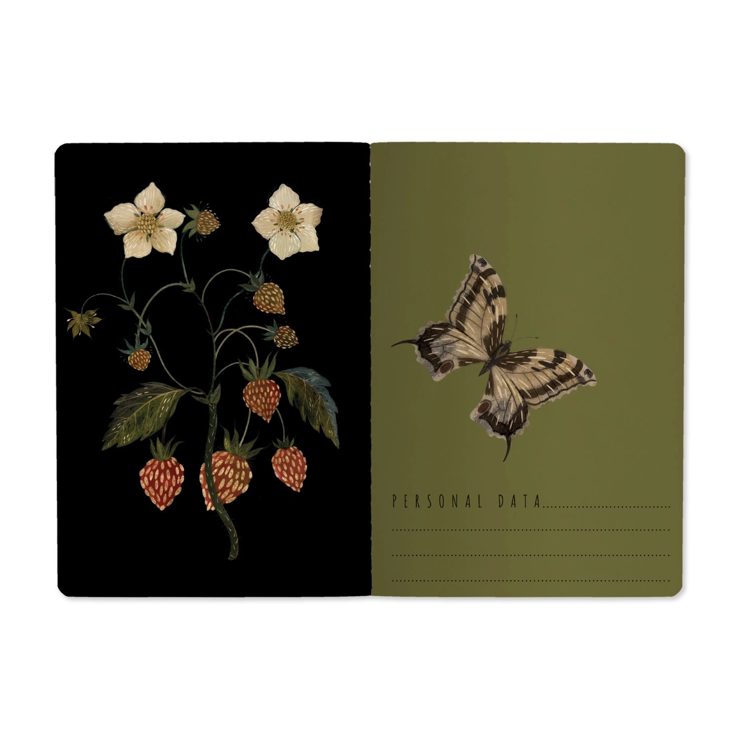 Notebook with a two-page design with floral illustration on black page and butterfly on green page.