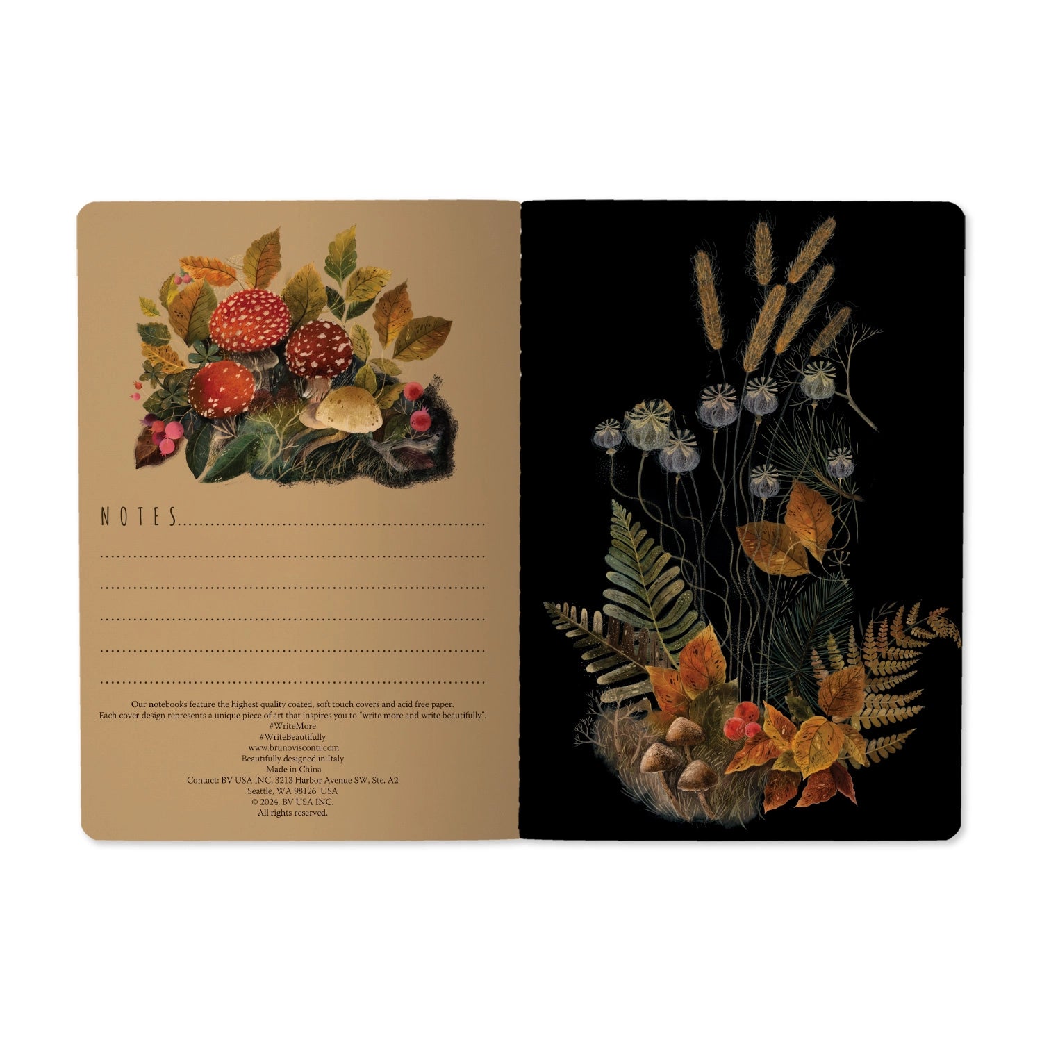 Notebook with nature-themed designs on two different pages