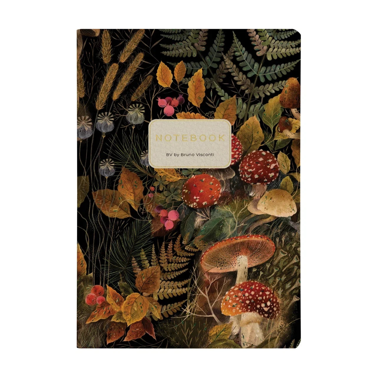 Notebook with a decorative cover featuring mushrooms and foliage on a white background